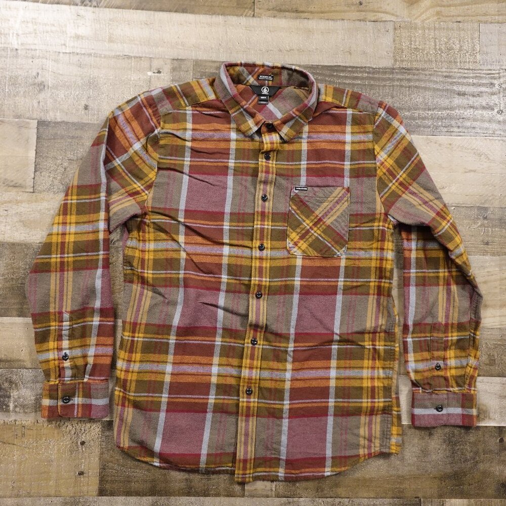 Volcom Modern Fit Flannel Shirt Men’s XL Red Gold Plaid Slim